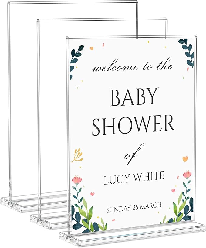 NIUBEE Acrylic Sign Holder for Events - 8.5 x 11 Acrylic Sign Stand for Baby Shower - Clear Paper Display Supplies for Party Table - 3 Pack