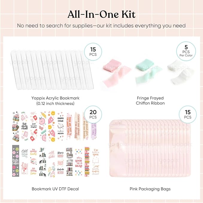 15 Pieces Acrylic Bookmark Blanks (3mm) Thicken Bookmark Making Kit with 20 Pcs Book Lover UV DTF Sticker, 15 Pcs Ribbon, Suitable for DIY Your Crafts Gifts