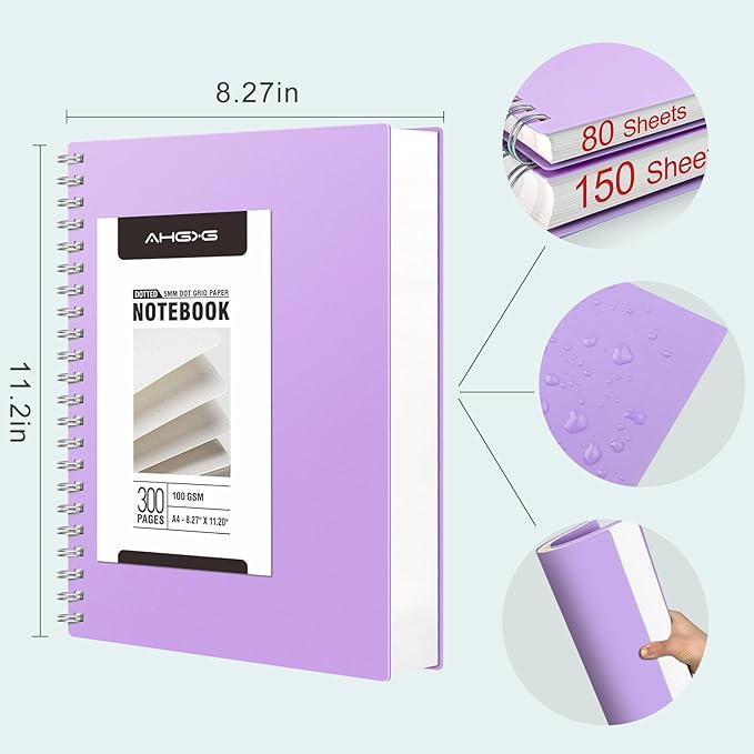 AHGXG Bullet Dotted Journal Spiral Notebook - Large A4 Dotted Notebook 8.5''×11'', 300 Pages Dot Grid Notebook, 100gsm Thick Paper, Plastic Hardcover, with Journal Stencils - Purple