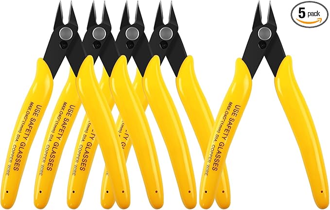 HongWay 5pcs Micro Flush Cutters, Wire Cutter with Internal Spring, Diagonal Cutters for Electronics, Heating Wire, Model Sprue, Soft Copper Wire Snips, 5 Inches, Yellow