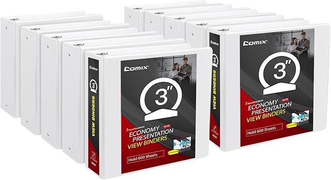 Comix Sturdy 3 inch Round Ring View Binder, Basic 3 Ring Binder 600-Sheet Capacity, Fit 8.5" x 11" Paper, 10 Pack (White)