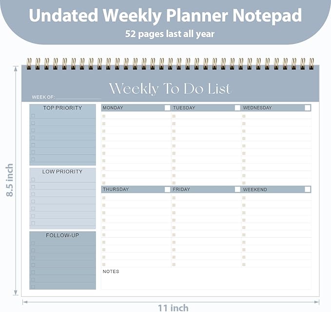 Weekly To Do List Notepad, Undated Planner with 52 Sheets (8.5''x11''), Desk Weekly Planner for Women & Man, Home School & Work