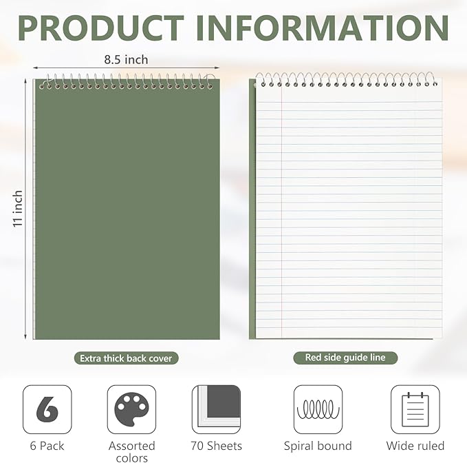 6 Pack 8.5 x 11'' Top Bound Office Steno Book Wide Ruled Double Sided Spiral Notebooks Reliable White Paper 70 Sheets/Pad Pastel Colors Covers for Writing School Notes(Classic Color)