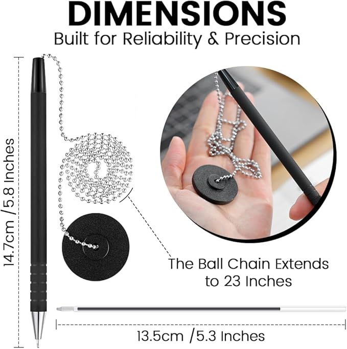 Secure Pen with Adhesive Pen Chain Holder 23-Inch Chain (21 Pieces) | 7 Black Pens with 7 Black & 7 Blue Refills | Counter Pens with Chain & Base | Ideal for Office, Reception & Public Spaces