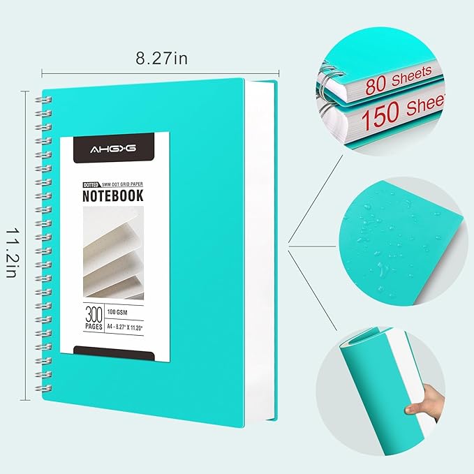 AHGXG Bullet Dotted Journal Spiral Notebook - Large A4 Dotted Notebook 8.5''×11'', 300 Pages Dot Grid Notebook, 100gsm Thick Paper, Plastic Hardcover, with Journal Stencils - Lake Blue