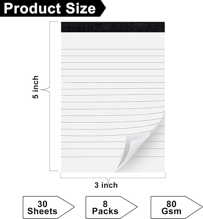 8 Pack Note Pads 3 x 5 Inch small notepads for Business Office Legal Pads, White Small Notepads Writing Pad Mini Notepad with 30 Sheets Lined Paper in Each Note pad
