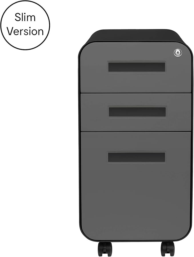 Laura Davidson Furniture Stockpile Slim 3-Drawer Mobile File Cabinet with Lock - Under Desk Metal Filing Cabinet, Legal/Letter File Folders, Wheels and Stationary Feet, Pre-Assembled, Black/Grey