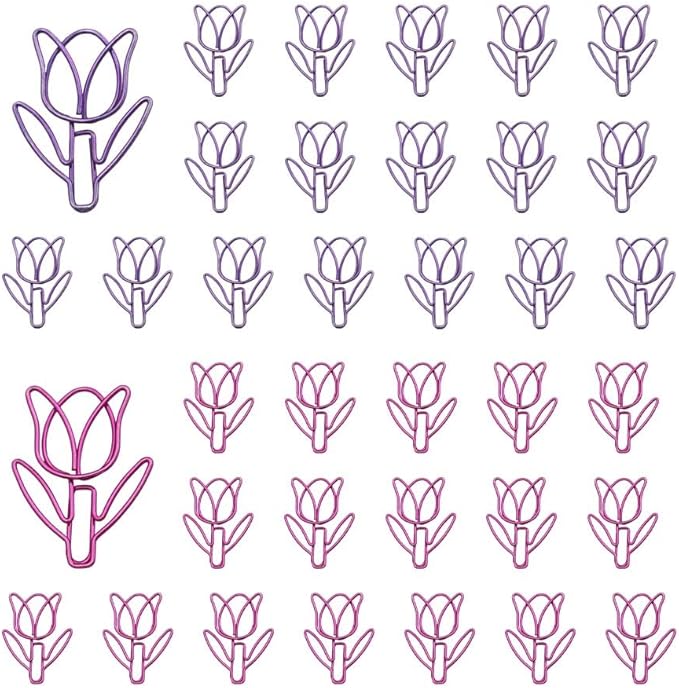 OWLFAVO 36pcs Tulip Flower Shape Paper Clips with Clear Box, Pink and Purple, Funny Cute Paperclips Bookmarks Planner Clips for Fun Office Supplies School Gifts Wedding Decoration