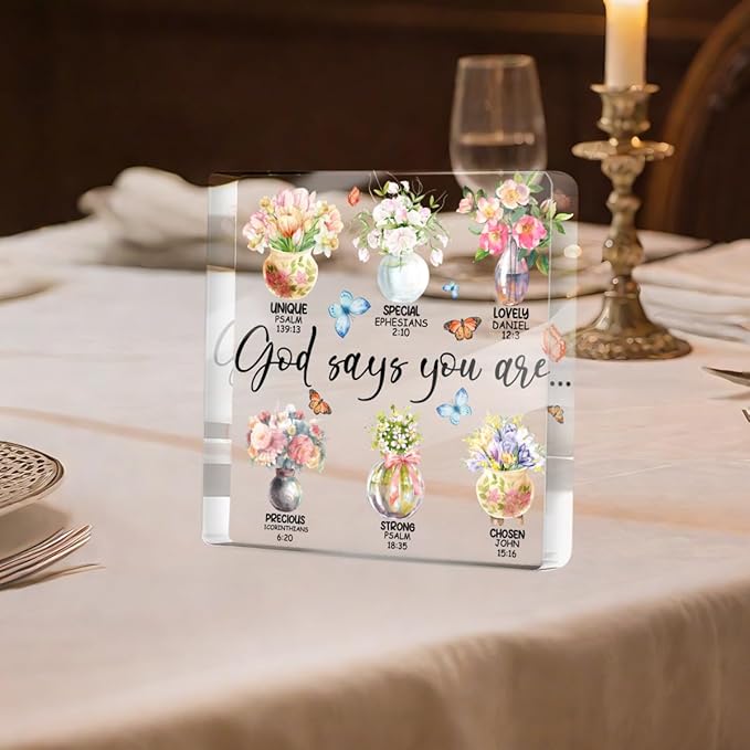 Inspirational Gifts for Women, God Says You Are, Flower Bible Verse Acrylic Sign, Bible Verse Christian Gifts, Positive Affirmation Desk Decorative Signs for Home Office Women Girsl Bedroom Decor