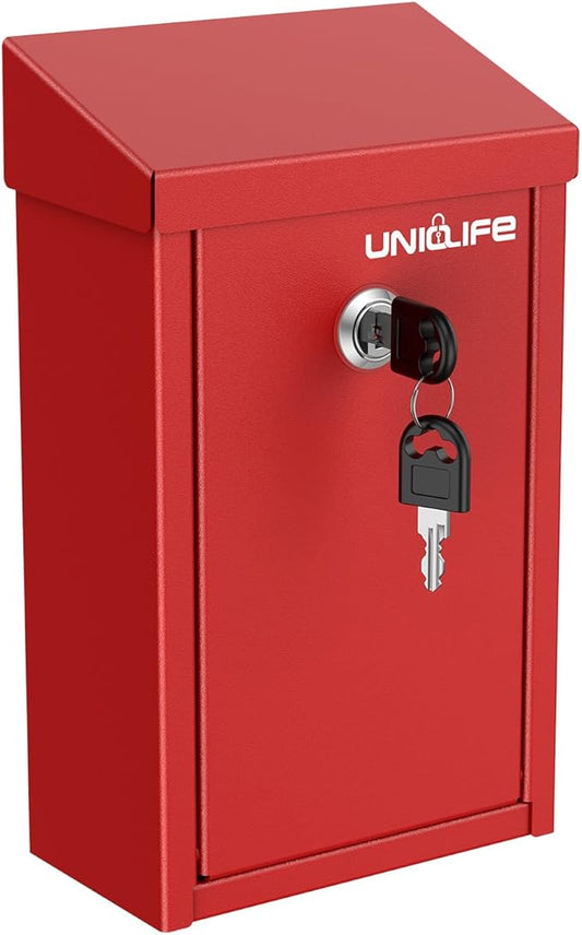 Uniclife Key Drop Box for Outside, Red Metal Donation Box Collection Box with Key Lock, Safe Suggestion Box, Wall Mounted Mailbox with Top Slot, Steel Cash Drop Box for Home Office and Business