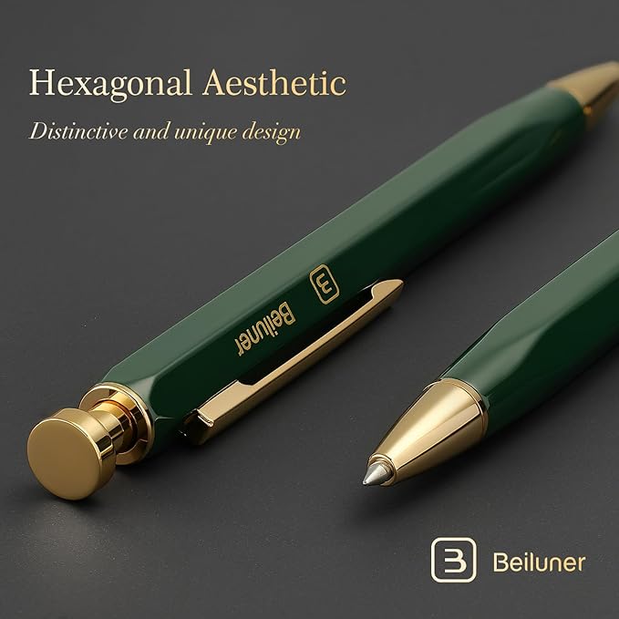 BEILUNER 312 Metal Gel Pen 0.5mm, Hexagonal Design, Green Piano Lacquer with 24K Gold Plated Accents, Includes One Refill, Professional Gel Pen Gift Box Set
