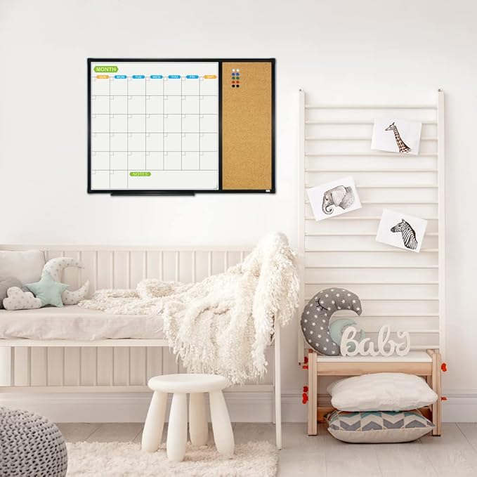 JILoffice Magnetic Calendar Whiteboard & Bulletin Corkboard Combination, Combo Board 28 x 20 Inch, Black Aluminum Frame Wall Mounted Board for Office Home and School with 10 Push Pins