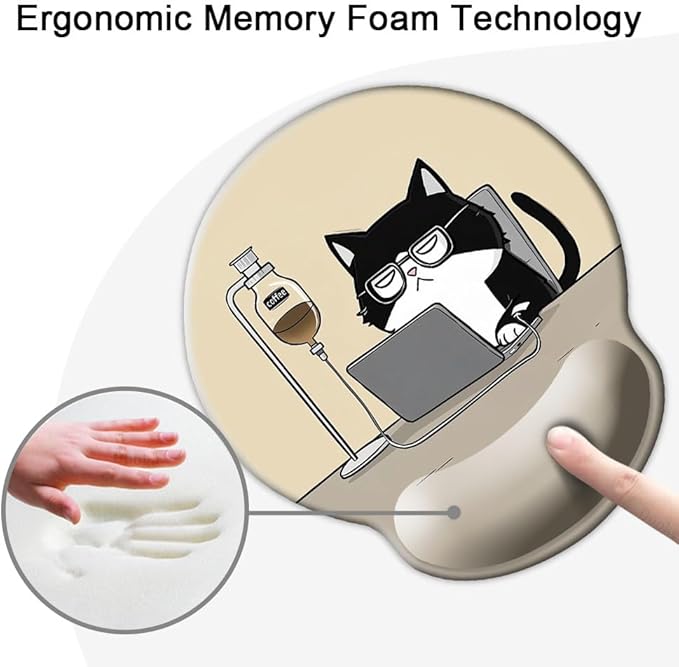 Ergonomic Mouse Pad with Wrist Support,Mouse Pad with Wrist Rest,Relieve Wrist Pain Mousepad Non-Slip Rubber Base,Mouse Pads for Desk,Computers,Laptop,Office,Home,Accessories Cute Coffee Cat