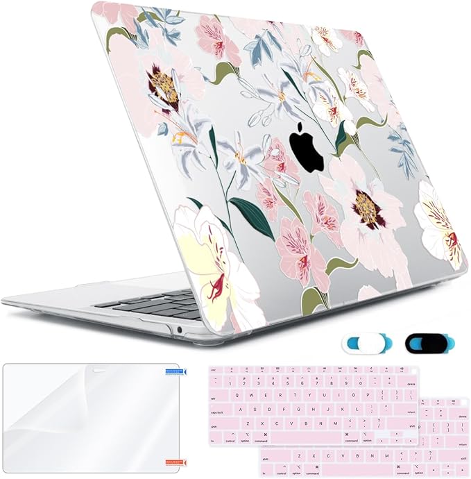 Compatible with MacBook Air 13 inch Case 2022 2021-2018 A2337 M1 A2179 A1932 Retina Display with Touch ID, Plastic Hard Shell Case+Keyboard Cover+Screen Protector+Webcam Cover, Pink Floral