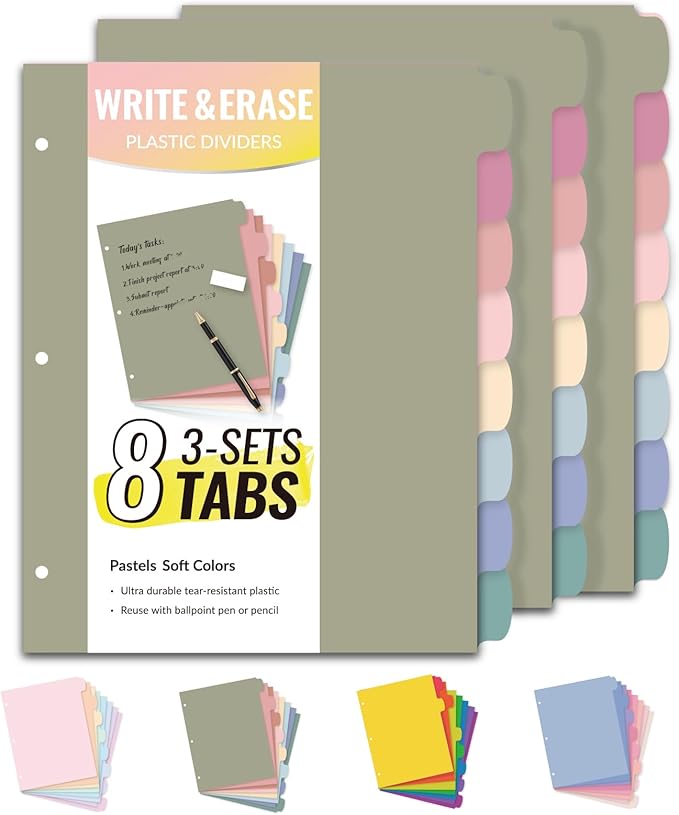 Sooez 8 Tabs Long-Lasting Plastic Write & Erase Large Tabs Dividers for 3 Ring Binder, Aesthetic Cute Pastels Binder Dividers for Student, Teacher, Office, Home Organizers, 3 Sets, Dusty Color