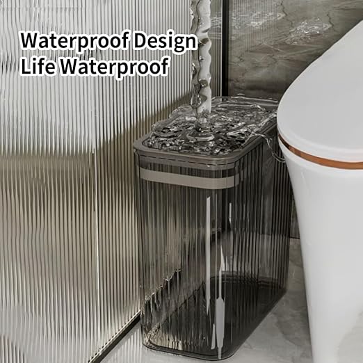 Transparent Trash Can, Bathroom Trash Cans with Lids, 3.5 Gallon Garbage Can for Bedroom, Office, Plastic Slim Waste Basket with Press Top Lid, 15L Clear Trash Bin for Home, Kitchen (Gray)