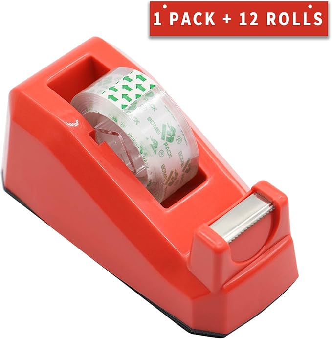 Cute Red Desk Tape Dispensers, 1 Pack with 12Rolls Transparent Tape, 1 Inch Core, for School, Office and Home DIY, BOMEI PACK