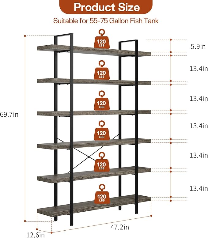 Bookcase, 47 Inch Wide Wood Bookshelf, 120lbs Shelf Capacity, Rustic Open Shelving Industrial Display with Reinforced Horizontal Shelves for Living Room Bedroom Office (6 Tier - Grey)