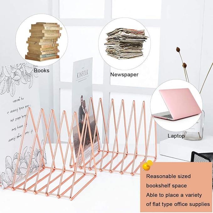 Urban Deco Triangle Desk Organizers Metal Wire Magazine Holder 7 Sections Decorative Vinyl Record Storage Office File Organizer For Desk - Rose Gold Magazine File Holder - 2 Pack