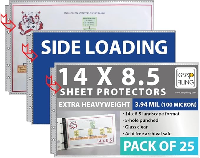 Landscape 14 x 8.5 Legal Size Sheet Protectors, Side Load, Extra Heavyweight, Glass Clear, 1 Pack (25 Sheets Total), Archival Safe by Keepfiling
