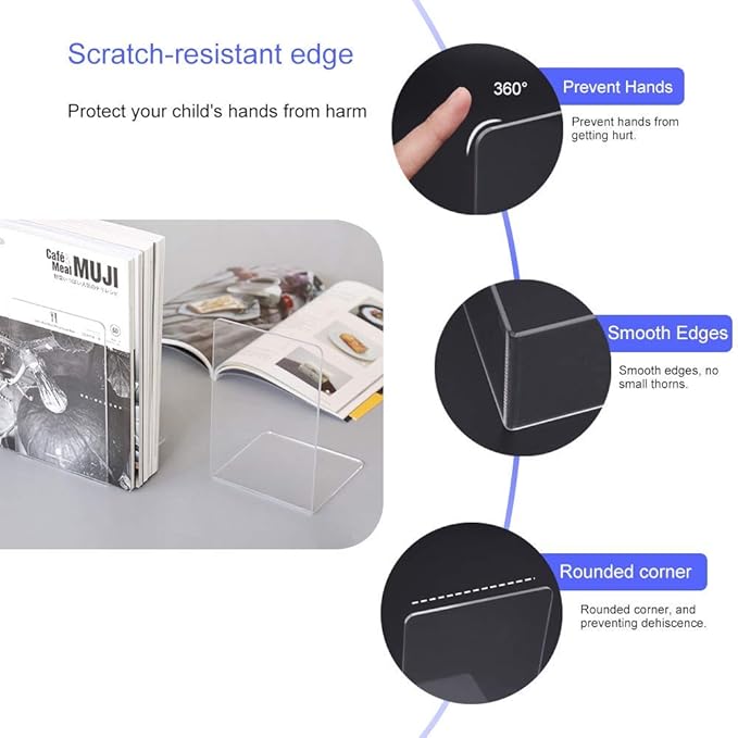 MerryNine Clear Book Ends 4pcs, Acrylic Bookends for Shelves, Non-Slip Bookend Decorative for Heavy Duty Book, Books Holder Stopper for Kids, Bookshelf Dividers Books Organizer for Office Home School