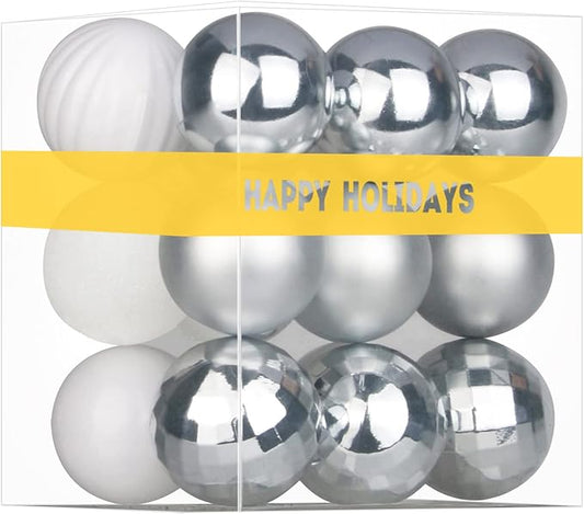 White & Silver 2.5" Christmas Balls Christmas Tree Decoration Ornaments Shatterproof Hanging Balls for Birthday Halloween Holiday Wedding Decorations Set of 18pcs