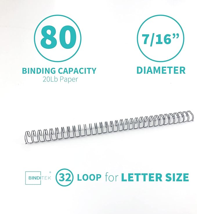 Binditek 100 Pack Double Loop Wire Binding Spines, 7/16Inch Binding Wire for Letter Size, 3:1 Pitch, 80 Sheet Capacity, 32-Loop, Black, for Students and Coworkers