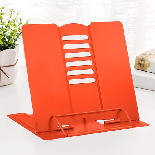 MSDADA Desk Book Stand Metal Reading Rest Book Holder Adjustable Cookbook Documents Holder Portable Sturdy Bookstands for Recipes Textbooks Tablet Music Books (Orange)