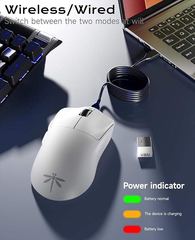 VGN Lightspeed Wireless Gaming Mouse with Dual-Mode 2.4G/Type-C Wired - 25K Sensor - 26,000 DPI - 55g Lightweight - 6 Programmable Buttons - Up to 200h Battery Life for PC/Mac- F1 Pro Max White