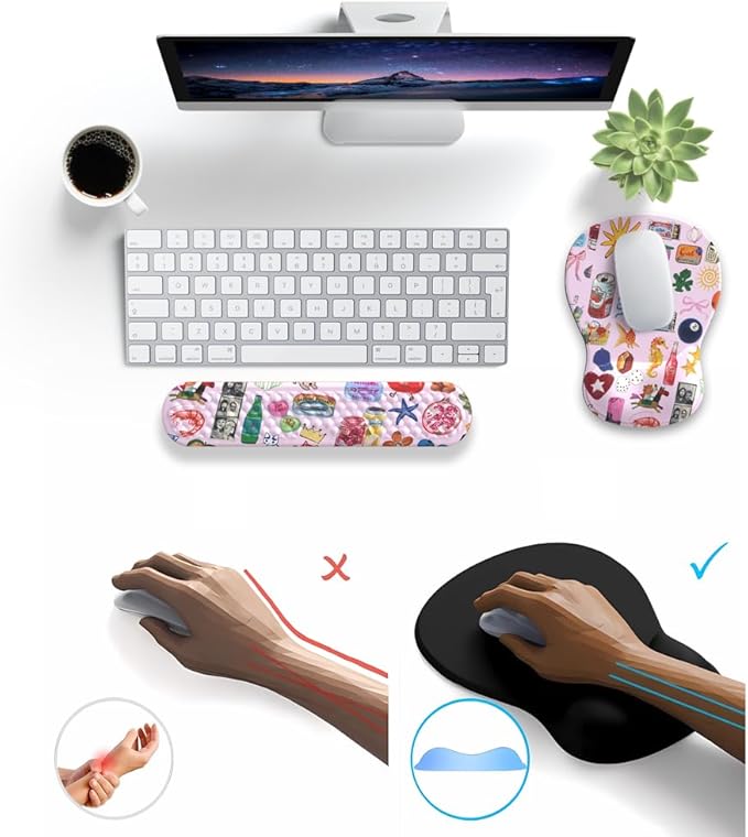Cute Mousepad with Wrist Rest for Computer Keyboard Mouse Pad Ergonomic Pink Kawaii Mousepad, Best Desk Decor Office Girls Pink Desk 2-in-1 Wrist Support Mouse Pad, Soft Gel Material Anti Slip Bottom