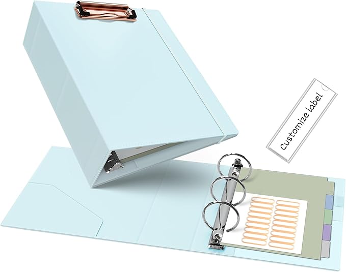 Ospelelf Mini Binder 2 Inch Small 3 Ring Vintage Leather Clipboard 5.5" x 8.5", Professional Binder Organizer Dividers with Tabs, Bule