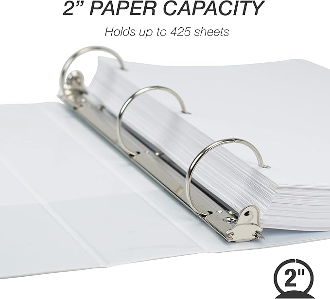 Samsill 2 Inch 3 Ring Binder, Made in USA, Economy Round Ring, Clear View Cover, 425 Sheet Capacity - for School, Home, Office - Pearl White