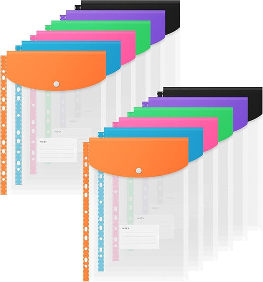 Binder Pocket Organizer Folders, 12 Pack Expandable Files Bag Plastic Envelopes Binder Folders with 11 Holes for 2/3/4 Ring Binder, Document Pouch with Snap Button and Label for School Office Home