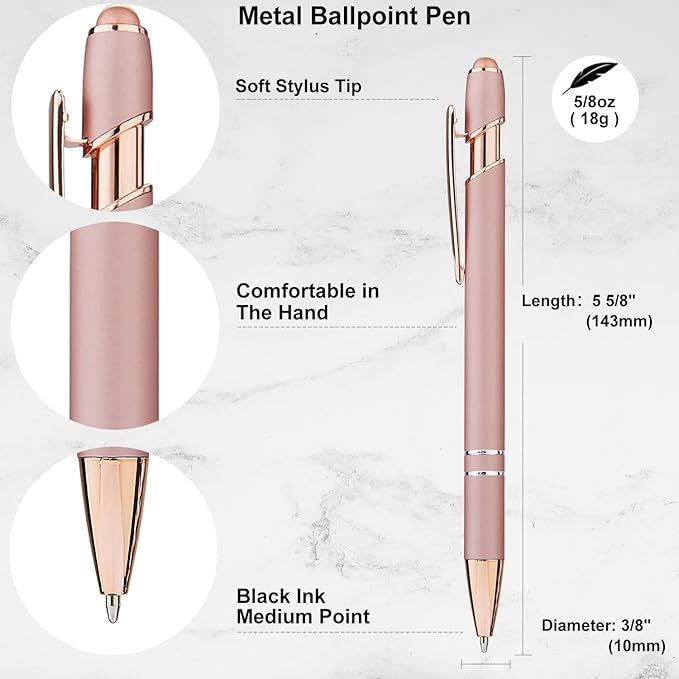 LINFANC 12 Pack Rose Gold Ballpoint Pen with Stylus Tip, 1.0 mm Black Ink Smooth Writing Pens, Metal Stylus Pens for Touch Screens