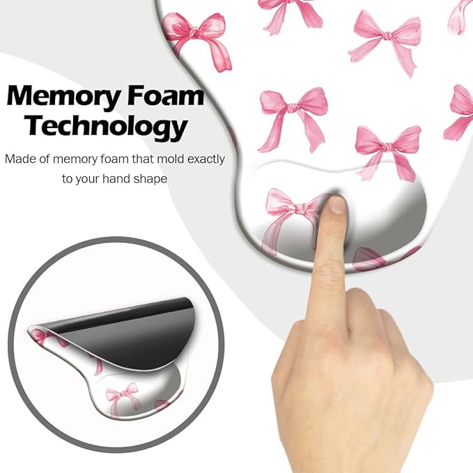 Ergonomic Mouse Pad with Wrist Support,Mouse Pad with Wrist Rest and Coaster Set,Office Supplies Non-Slip Mouse Pads for Desk, Non-Slip Comfortable,Pink Bow