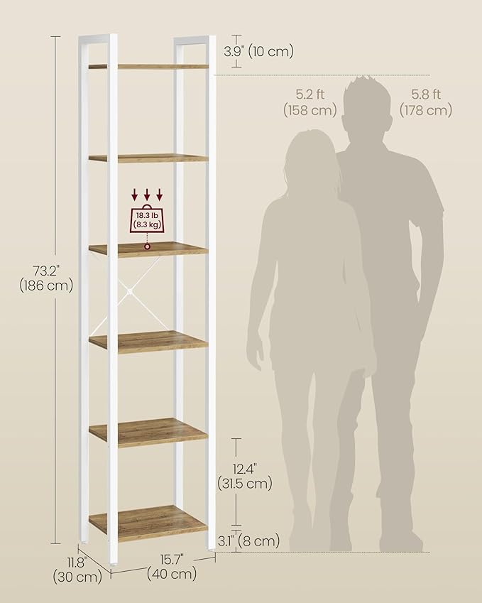 VASAGLE 6-Tier Bookshelf, Bookcase with Steel Frame, Book Shelf for Living Room, Home Office, Study, 11.8 x 15.7 x 73.2 Inches, Industrial Style, Honey Brown and Cloud White ULLS101K02