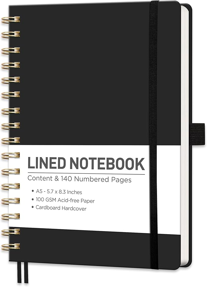 RETTACY Lined Journal Notebook, 140 Numbered Pages, A5 Medium Size (5.7'' x 8.3''), for Men & Women, Journaling, Writing, Work & Office, Spiral-bound, Hardcover, 100 GSM Thick Paper (Black)