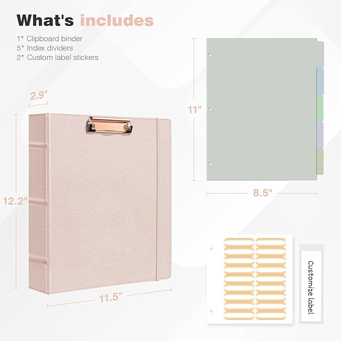 Ospelelf 3 Ring Binder with Clipboard 2 Inch Leather Binder for Letter Size (8.5" x 11"), Clipboard Binder with 5 Tab Dividers Back to School Supply, Rose Gold