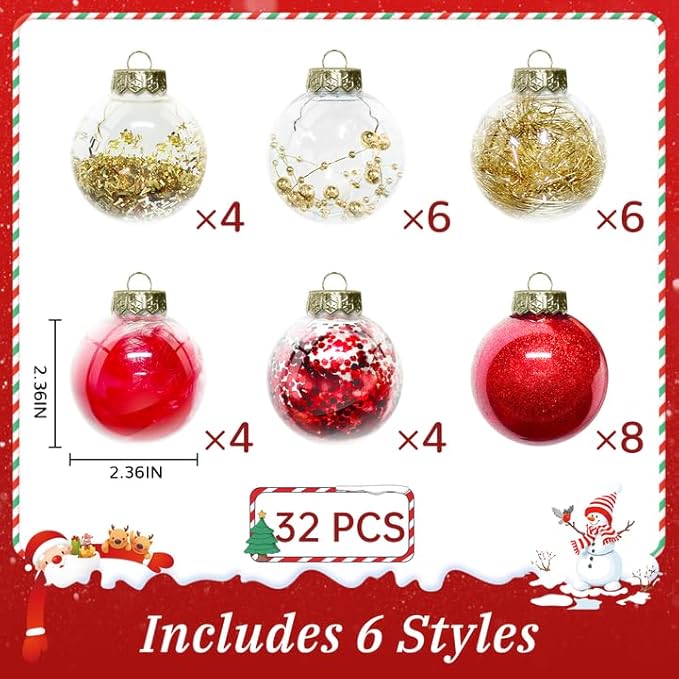 DeckTheHalls Christmas Ball Ornaments Set, 32-Piece Clear Plastic Decor for Crafts, Reusable DIY Festive Tree Decorations, Easy Hang Unbreakable Ornaments for Holiday, Party, Wedding (Red & Gold)
