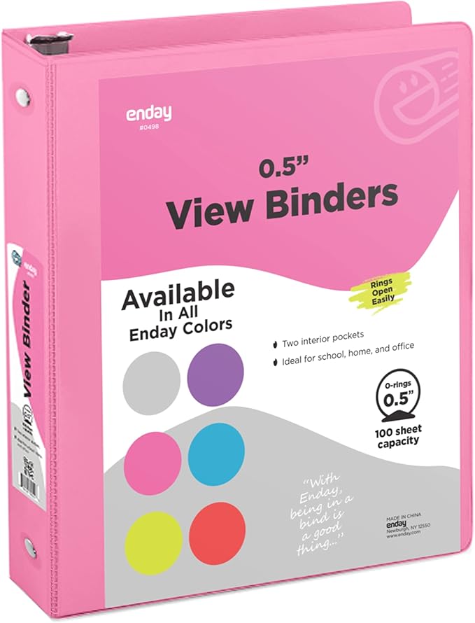 ½ Inch 3 Ring Binder .5 inch Pink Clear View Cover with 2 Inside Pockets, Colored School Supplies Office and Home Binders – by Enday