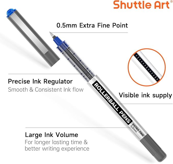 Shuttle Art RollerBall Pens, 25 Pack Blue Fine Point Roller Ball Pens, 0.5mm Liquid Ink Pens for Writing Journaling Taking Notes School Office