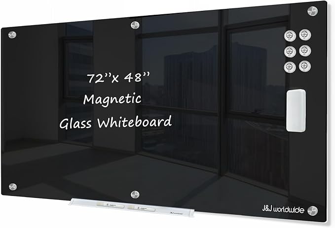 J&J worldwide Glass Whiteboard 6' x 4', Magnetic Black Glass Dry Erase Board, Black White Board Frameless, Includes Markers, Magnets, Marker Tray, Eraser for Wall, Office, Home, School