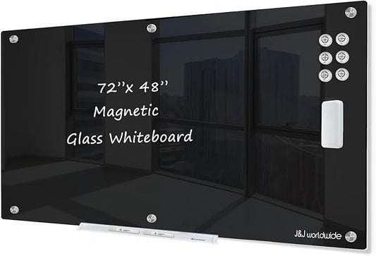 J&J worldwide Glass Whiteboard 6' x 4', Magnetic Black Glass Dry Erase Board, Black White Board Frameless, Includes Markers, Magnets, Marker Tray, Eraser for Wall, Office, Home, School