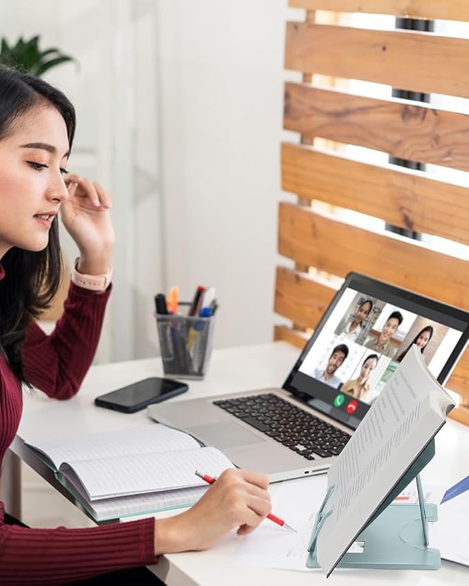 MSDADA Book Stand Metal Reading Rest Book Holder Adjustable Cookbook Documents Holder Portable Bookstands for Recipes Textbooks Tablet Music Books with Page Clips (Olive Green)