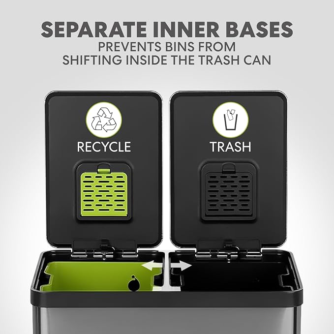 SIMPLI-MAGIC 16 Gallon (60L) Elegant Black Step Trash Can – Dual Compartment Kitchen Garbage Can with Waste & Recycling Bins – Slow-Close Lid, Odor Control, Hands-Free, Premium Stainless Steel