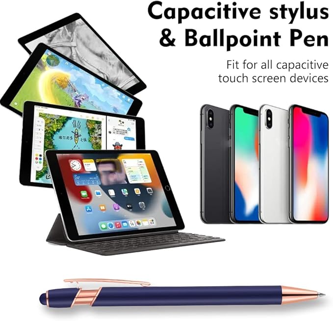 12 PCS 2 in 1 Stylus Ballpoint Pen with Stylus Tip, 1.0 mm Black Ink Metal Pen Stylus Pen for Touch Screens (Mixed Color)