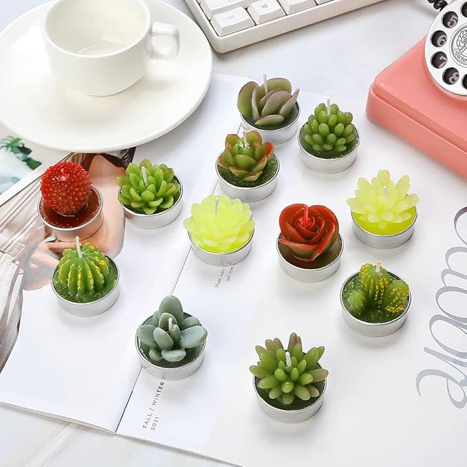 12pcs Cactus Tealight Candles Handmade Delicate Succulent Tea Lights Candle Perfect for Birthday Party Wedding Spa Home Decor Gifts (12pcs Cactus Candles)