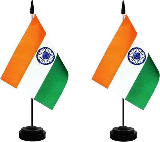 2 Pack India Desk Flag, Indian Table Office Flag with Solid Pole and Stand Base, International Country Flag, Festival Celebration, Classroom Meeting Desktop Decoration (India)