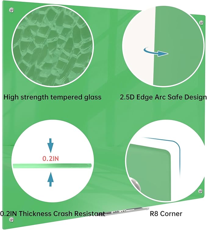 Magnetic Glass Dry Erase Board - White Board 48 x 36 Inch Wall Mounted Glass Whiteboard, Large Frameless Glass White Board for Wall Office, Home & School, Green
