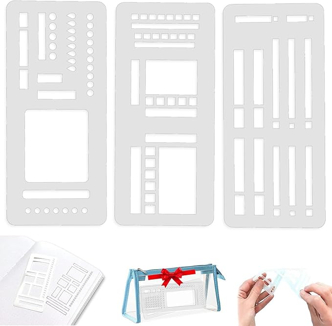 Handmade Flexible Record Template, Planner Stencil Set for Dot Grid Journals, Flexible Drawing and Checklist Templates, for Journaling Checklists Boxes Lines & Daily Planning, Set of 3 Pack (C)